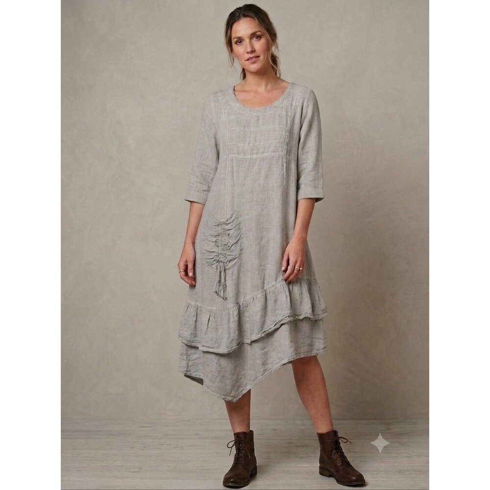 Grizas 100% Linen Asymmetrical Ruffle Hem Dress in Light Gray Size Large